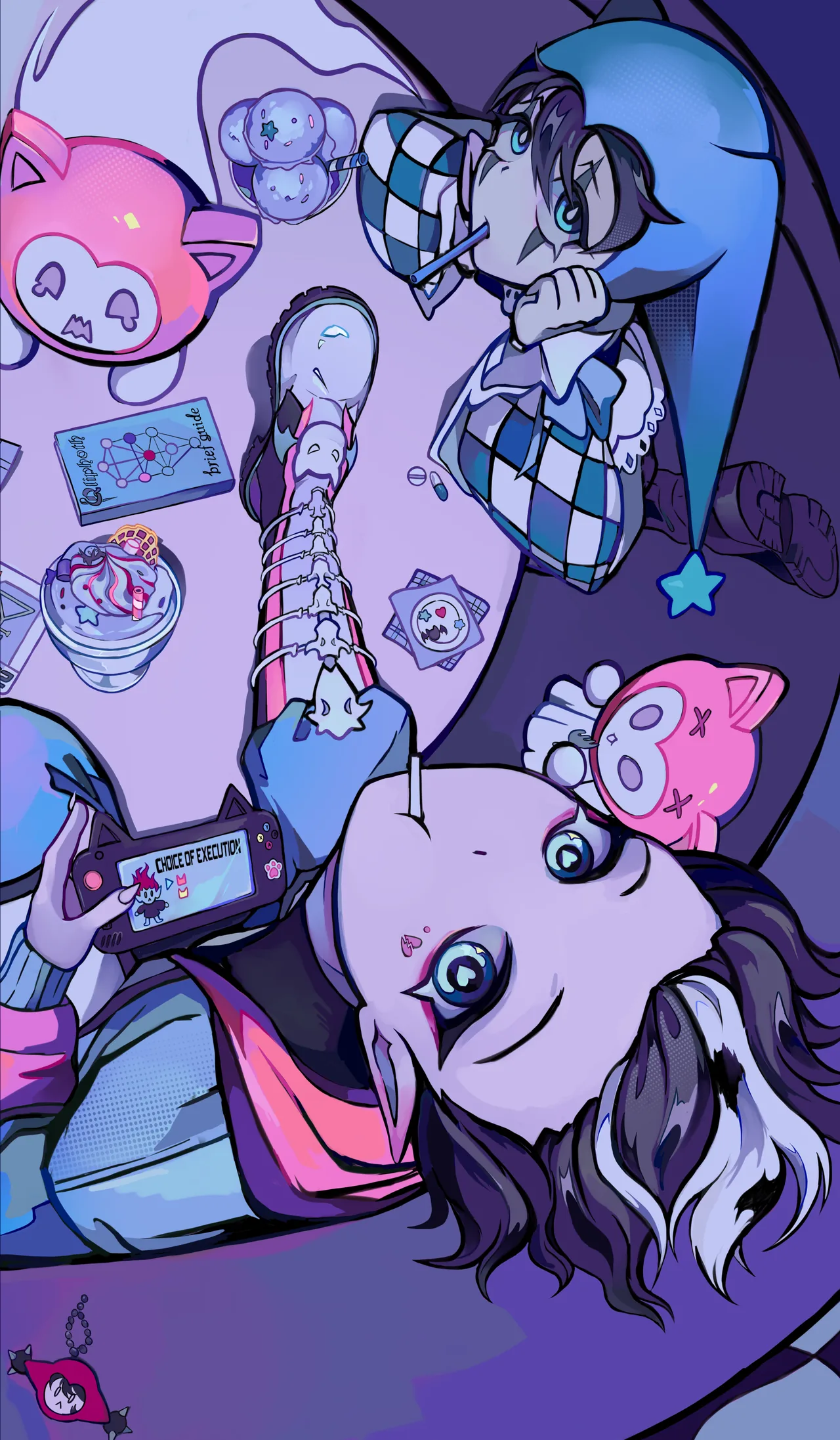 Jisu upside down with a handheld game console, Yoku behind, pink cat-ghosts around them.