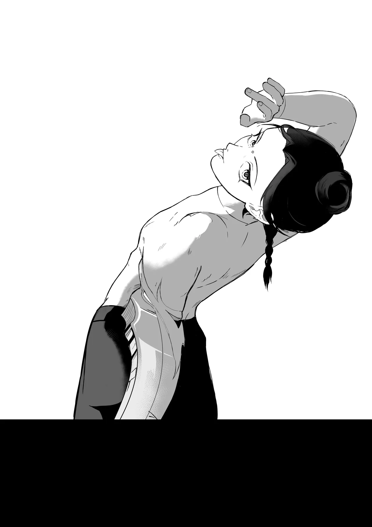 A black-and-white manga panel: a character with a hair bun and a braid, stretching.