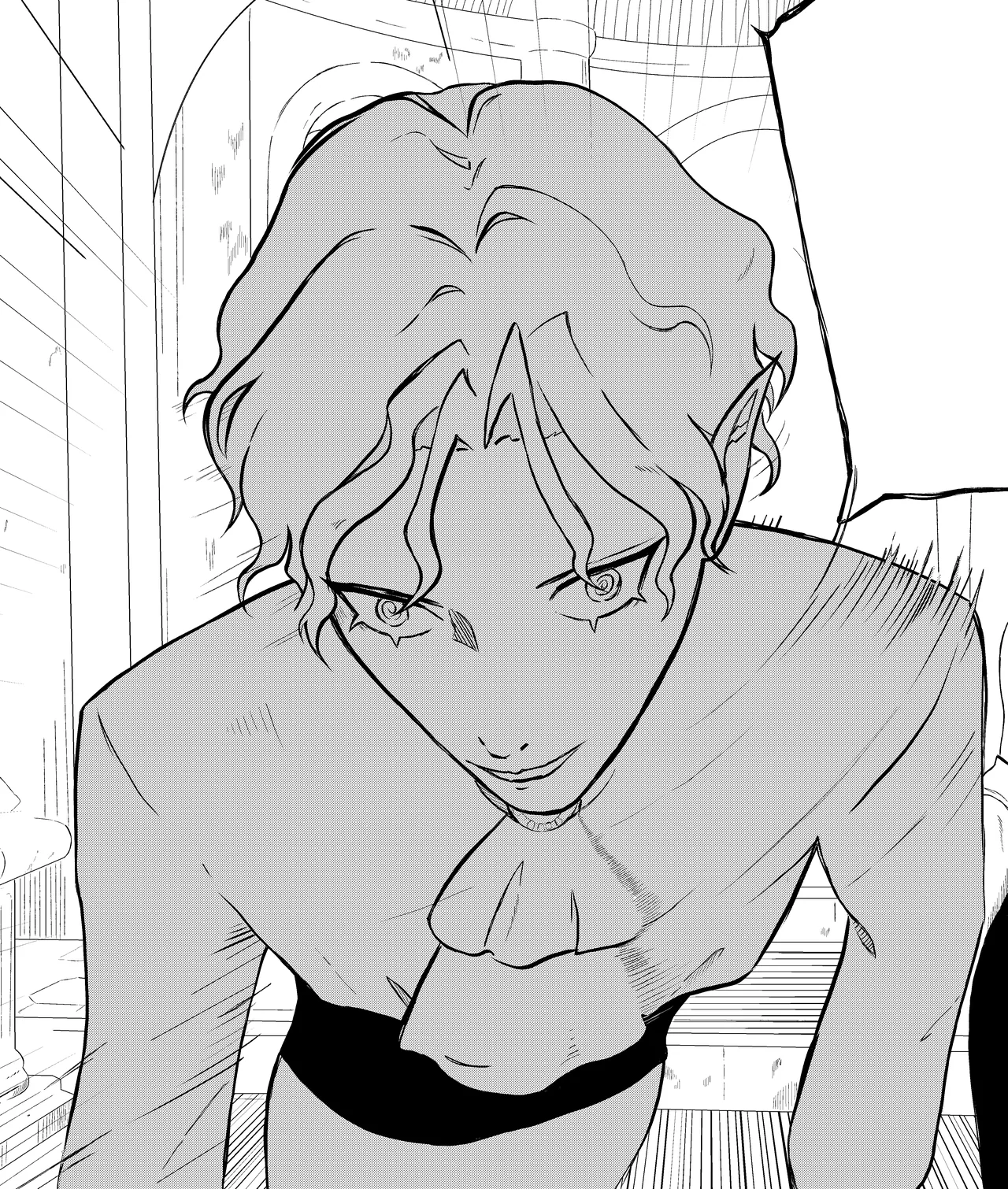 A black-and-white manga panel: a curly-haired man with pointed ears leans in.