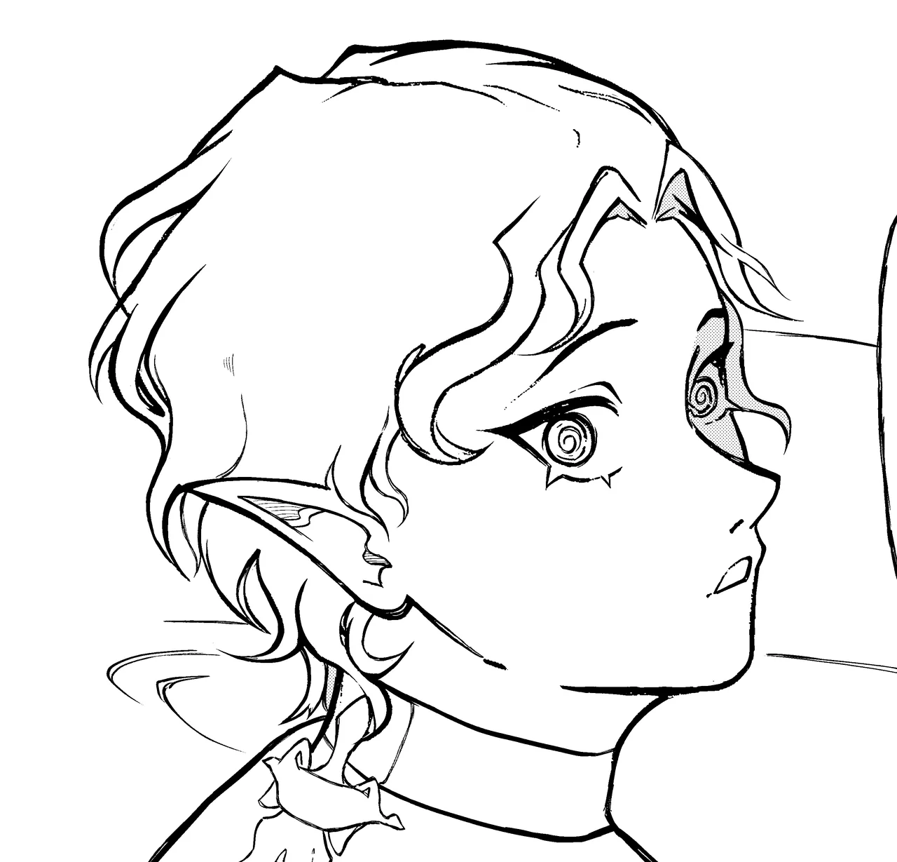 A black-and-white manga panel: the same curly-haired man in profile.