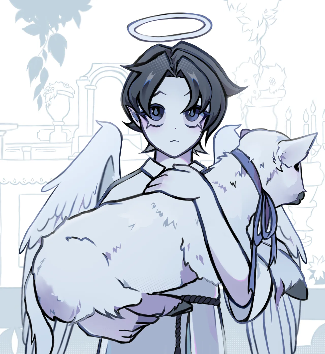 Yoku as an angel with a halo, carrying a lamb in his arms.