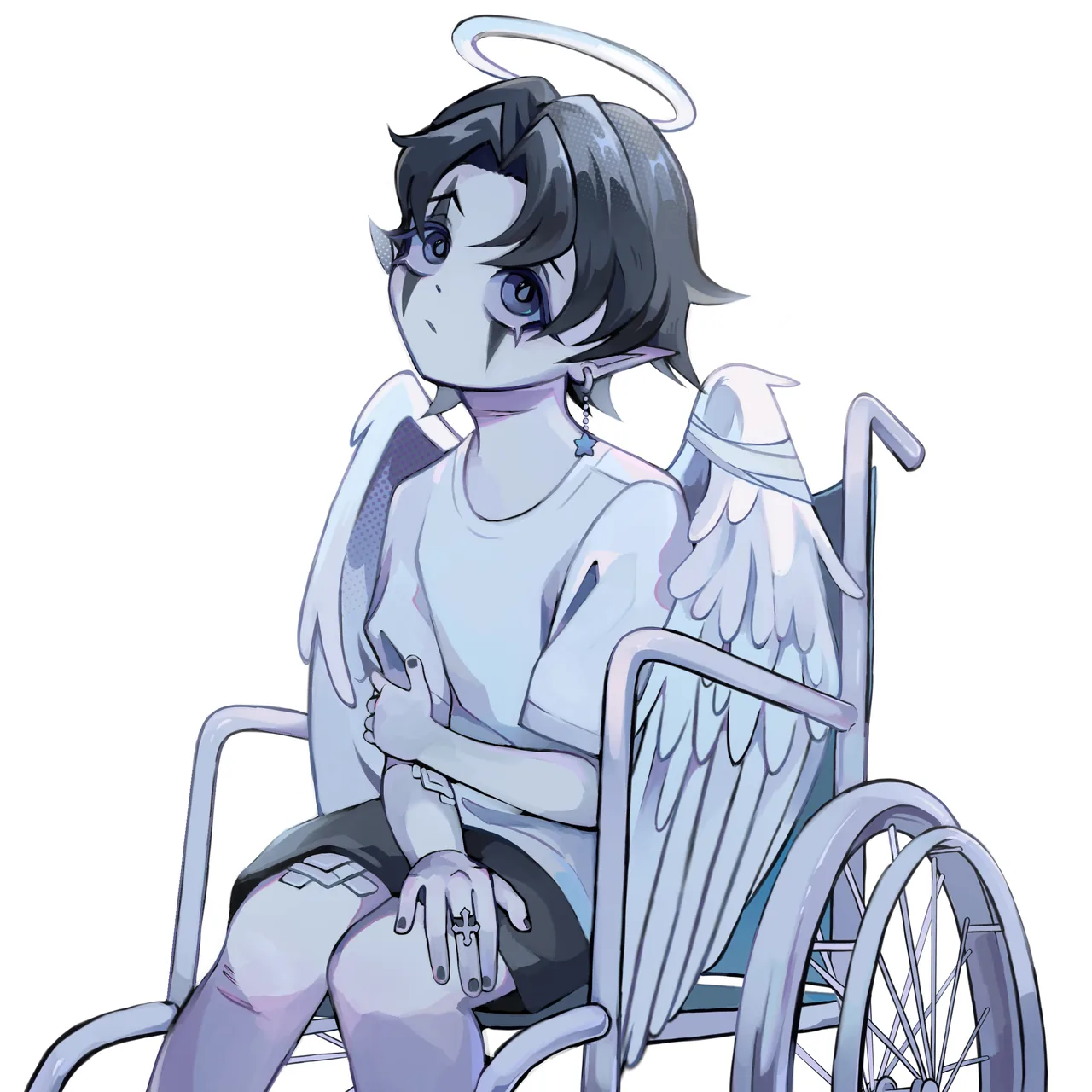 Yoku as an angel, with a halo and white wings, sitting in a wheelchair.